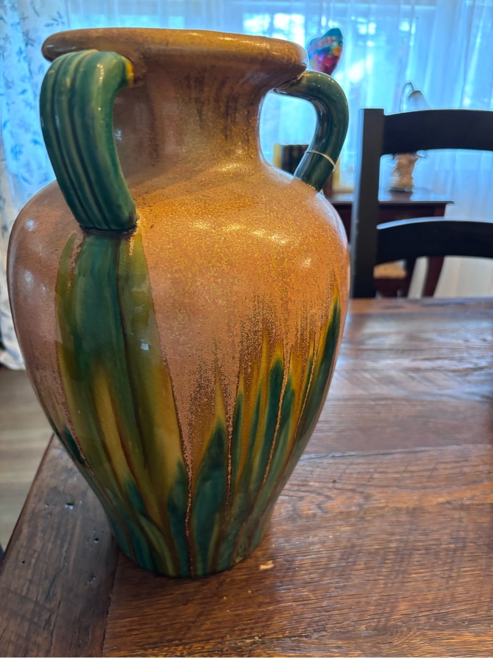 Pier 1 Handcrafted Ceramic Urn Vase with Green Drip Accents